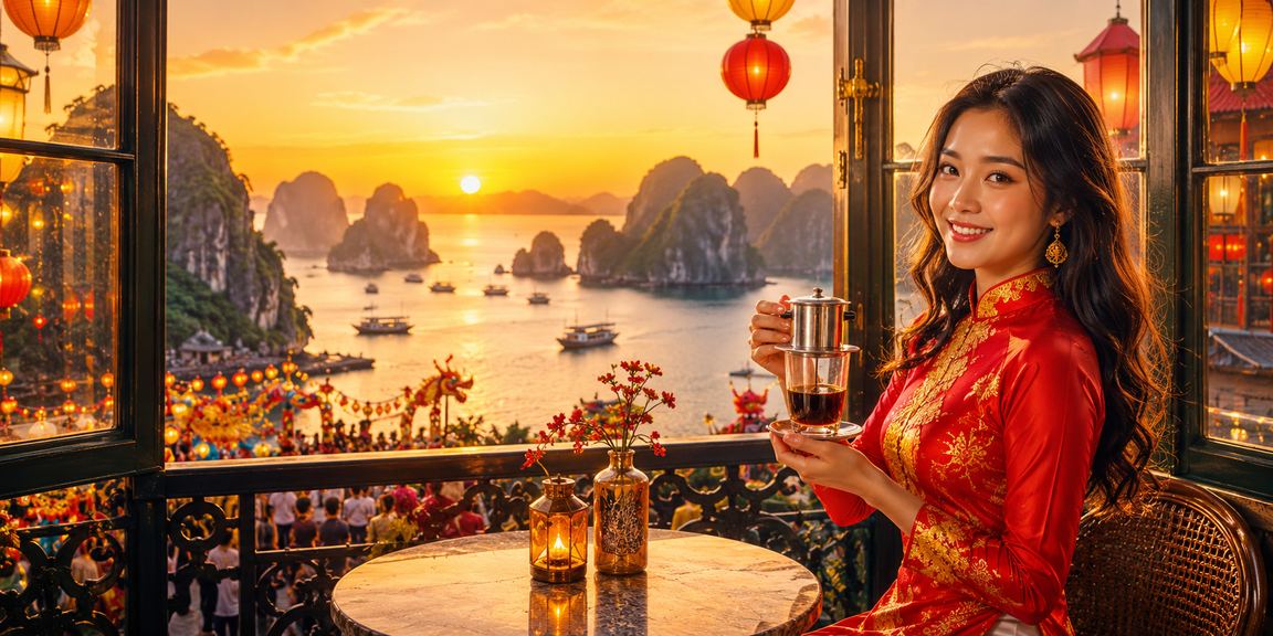 Du khách tại Vịnh Hạ Long thưởng thức cà phê và đọc phân tích thể thao trên điện thoại
