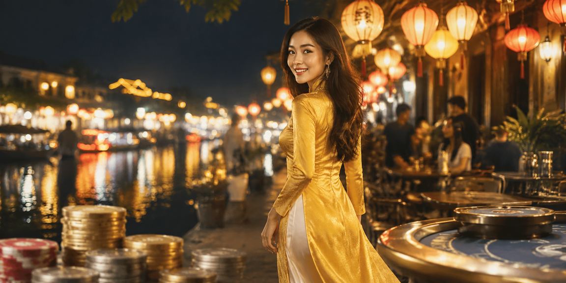 Cô gái mặc áo dài truyền thống Hội An tìm hiểu thông tin cược thể thao trên điện thoại di động